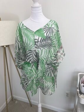 NWT West Loop Sheer Tropical Leaf Print Coverup Green & Black OS